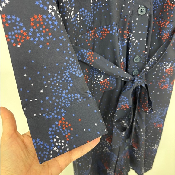 eShakti Red White Blue Star Pattern Navy Long Sleeve Belted Shirt Dress July 4th - Picture 5 of 8